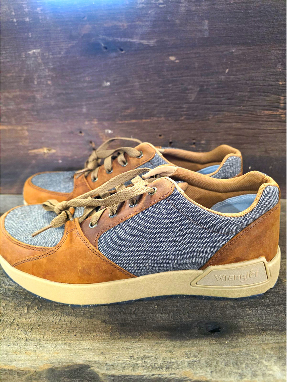 Wrangler Footwear Men's Lace-Up Casual Sneaker Denim Leather Brown/Blue US 12